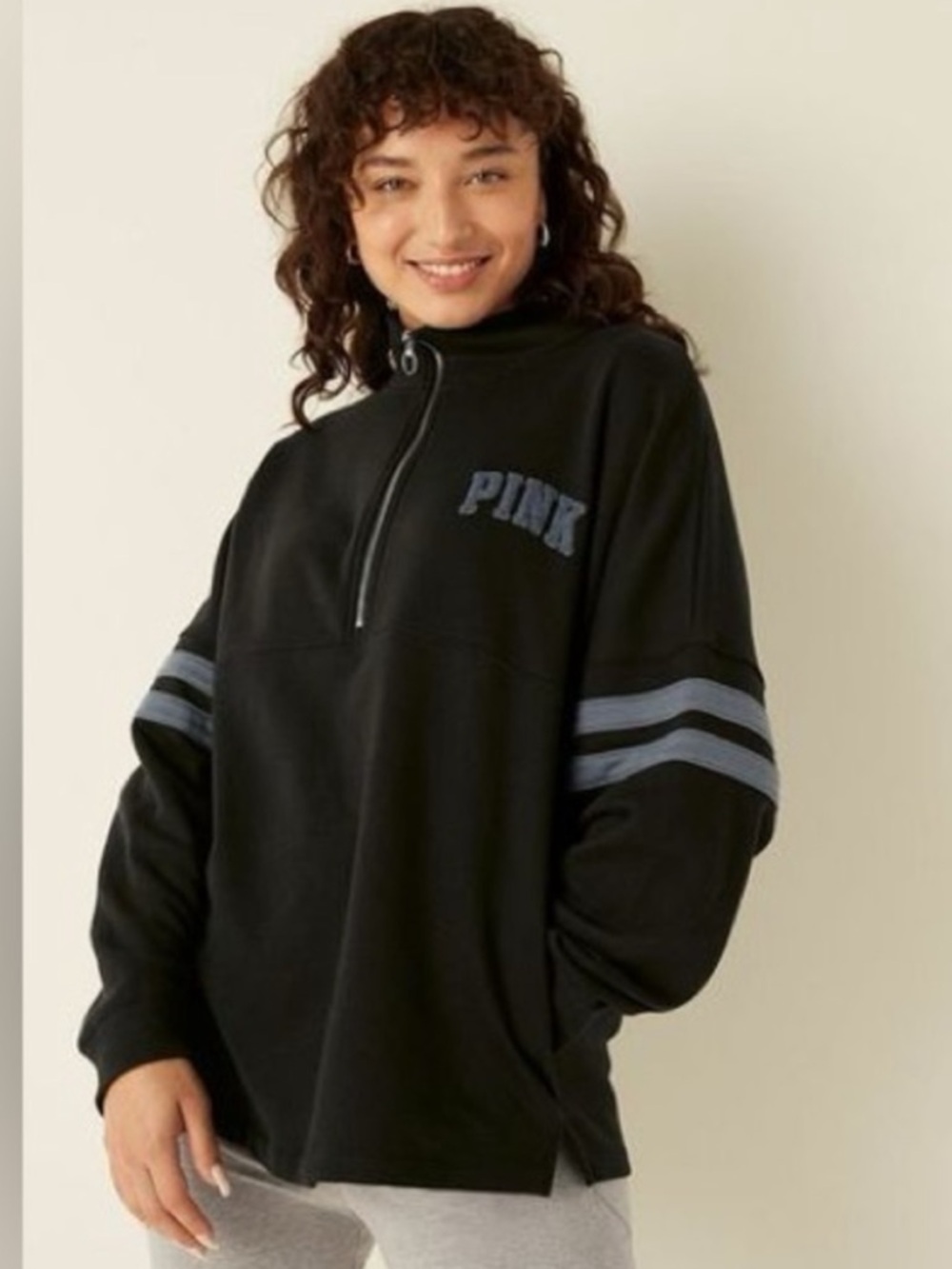 Victoria's Secret PINK Half Zip Sweatshirt Varsity Logo Dark Gray size: large